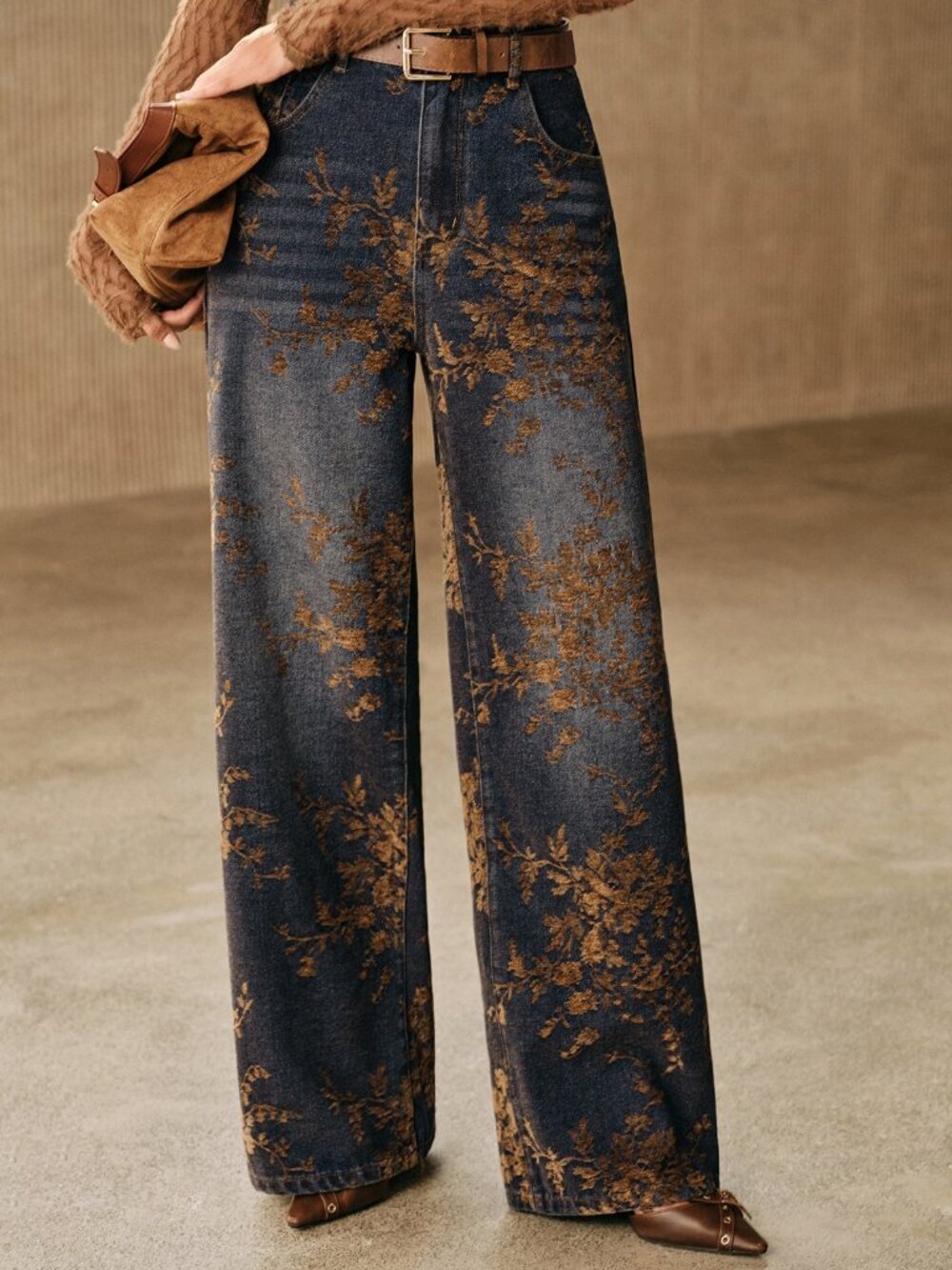 Coffee Brown Boho Women's Jacquard Jeans Straight Leg Pants